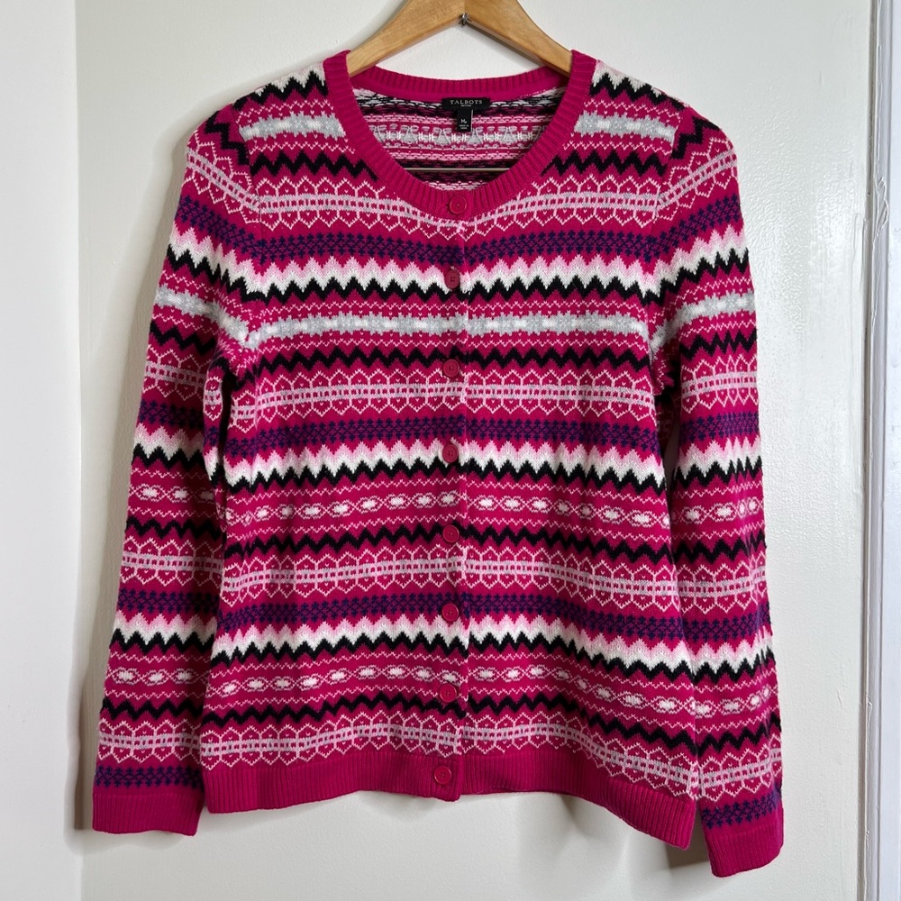 Talbots Lambswool Blend Cardigan Sweater Shades of Pink Medium Petite fair isle